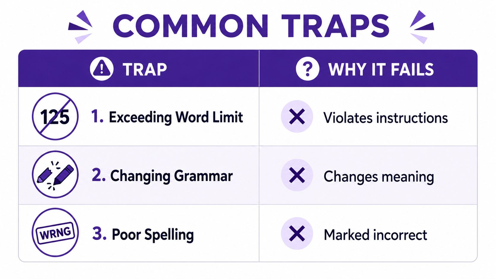 A chart illustrating three common traps to avoid when answering sentence completion questions, including grammar and spelling errors.