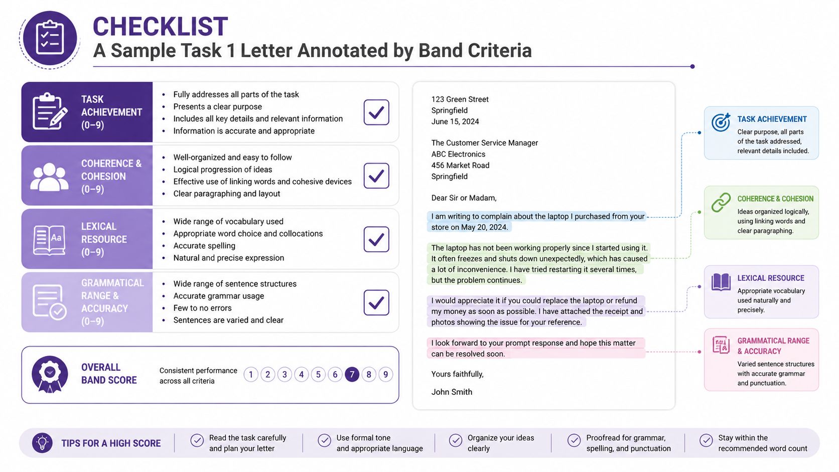 A detailed checklist illustrating the IELTS General Training writing criteria for a formal complaint letter.