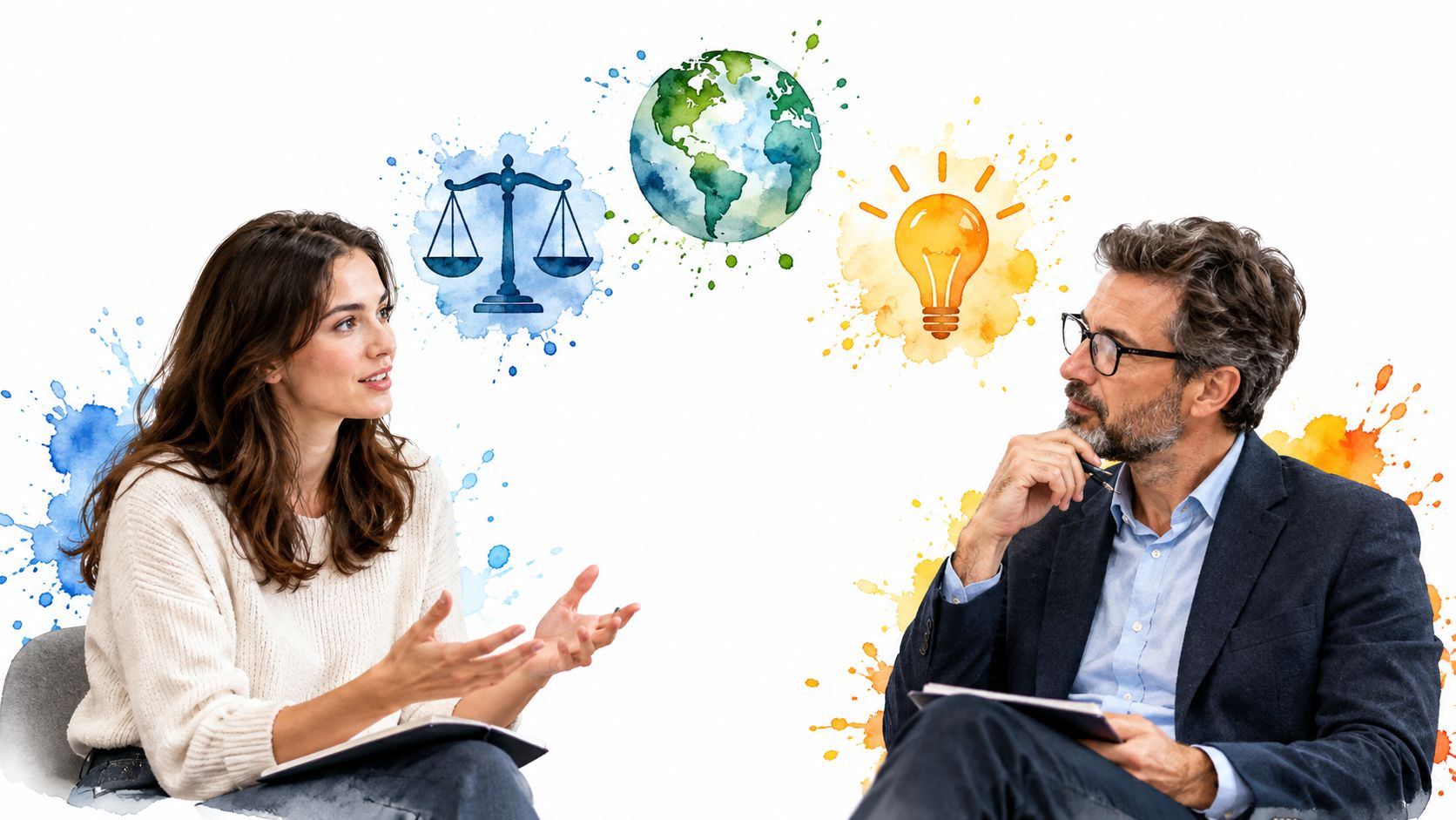 A woman and a man in a professional setting discussing concepts of justice, global issues, and innovation.