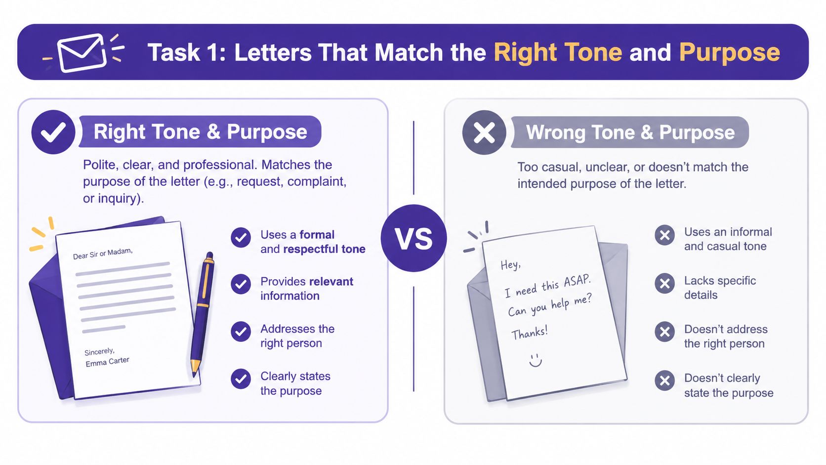 A graphic comparing formal, semi-formal, and personal letter tone in IELTS General Training Writing.