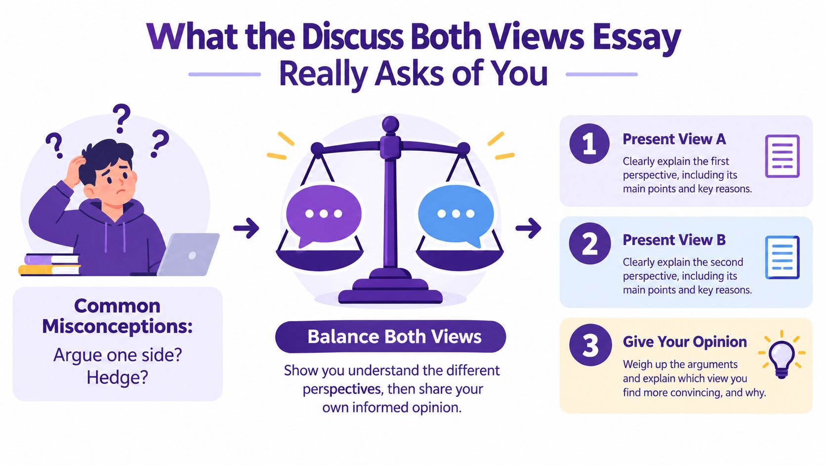 An educational infographic explaining the structure and requirements for writing a balanced discuss both views essay.