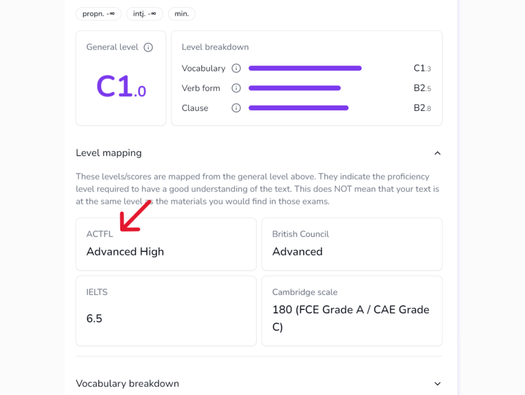 You will see the ACTFL level at the top along with British Council, IELTS and Cambridge Scale