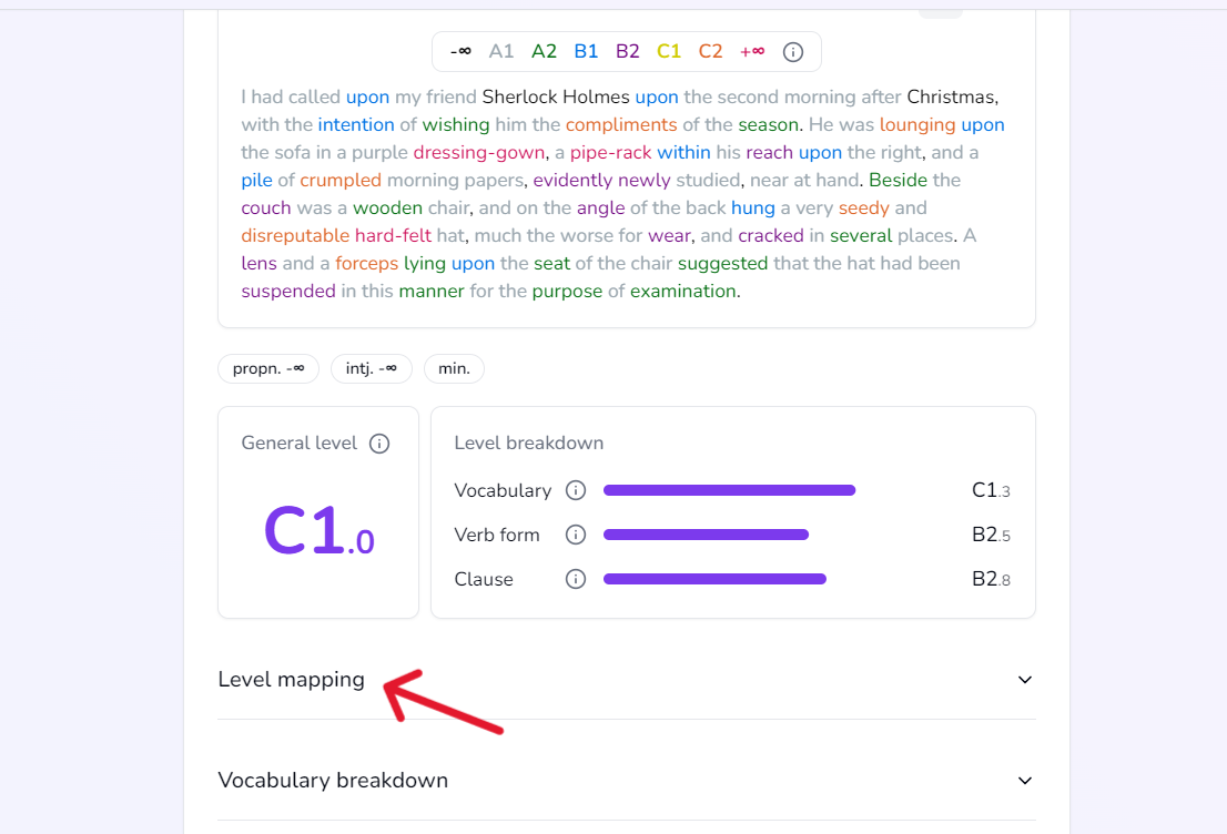 Click "Level Mapping" to see ACTFL level of the analyzed text