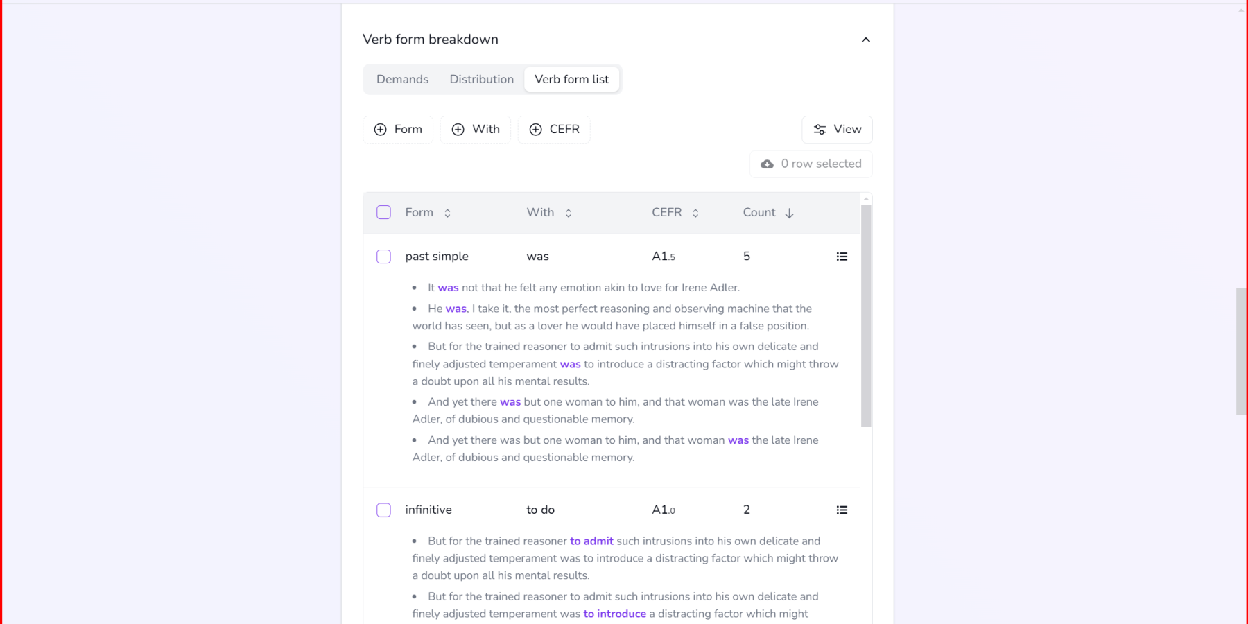 Click Verb Forms to check full CEFR  report on every verb form​
