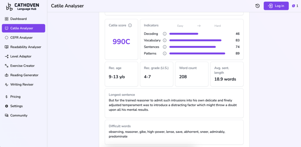 How to use Lexile scores and Lexile alternatives. This screenshot shows the Catile Analyser.