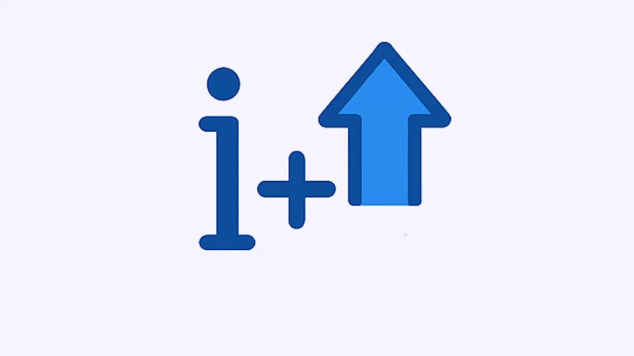 Language comprehension icon with figure and layered bars representing proficiency growth from i to i+1